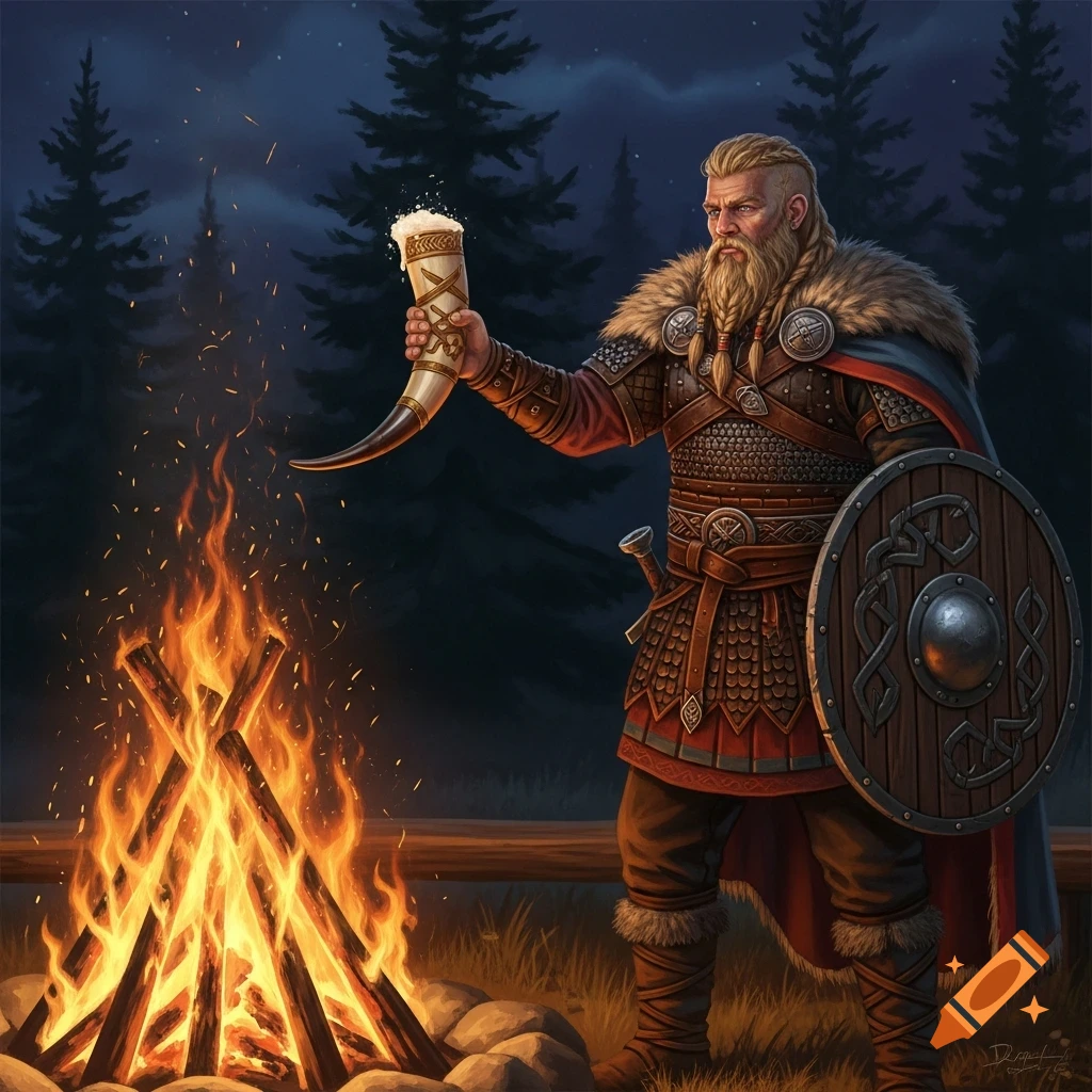 A bearded Viking man in armor, holding a drinking horn, stands by a roaring campfire in a dark forest at night, digital art.
