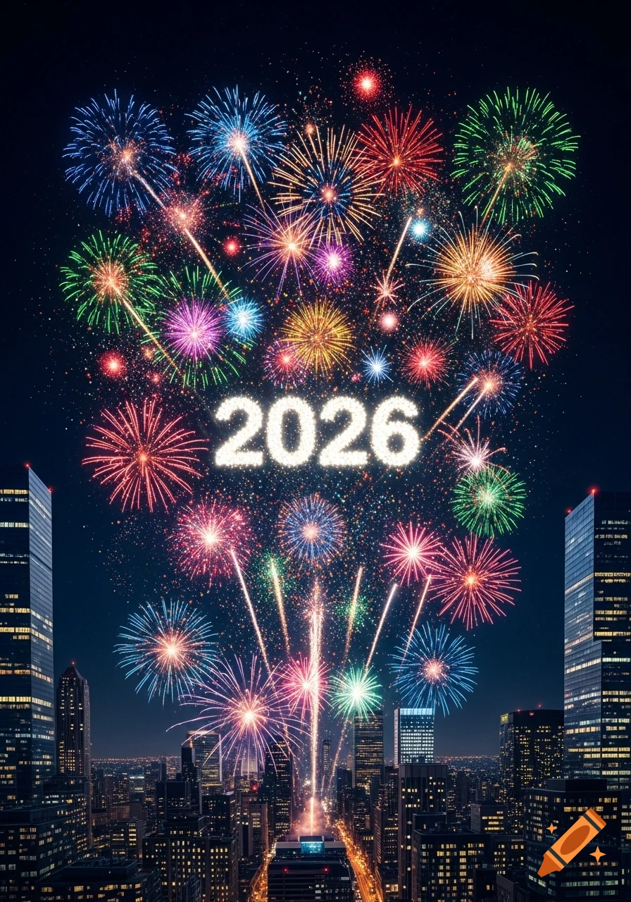 Colorful fireworks explode over a city skyline at night, forming the glowing number 2026 in the sky.