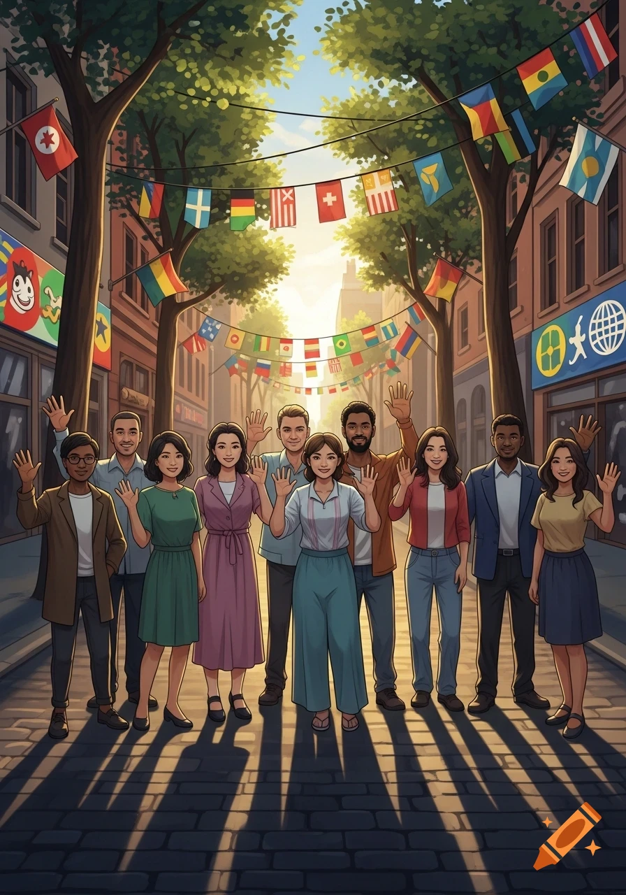 A diverse group of ten people stand on a city street lined with trees and buildings, waving at the viewer under a canopy of international flags. The sun casts long shadows.