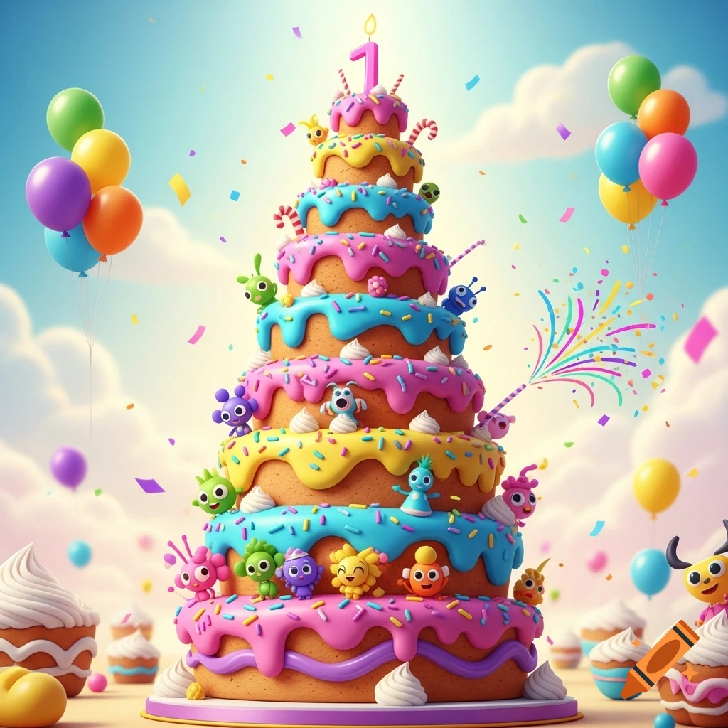 Colorful cartoon birthday cake with cute monster characters, a number 1 candle, confetti, and balloons against a cloudy sky.