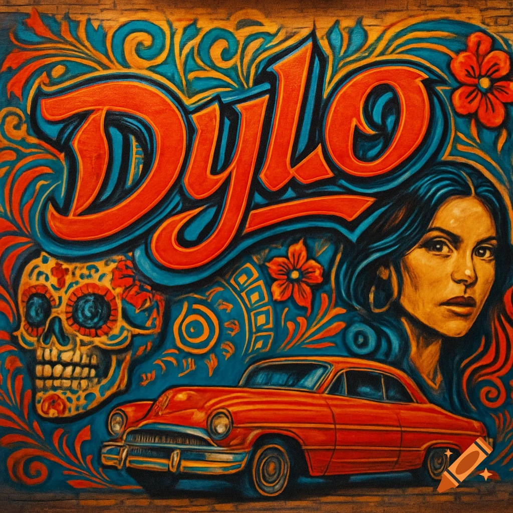Vibrant Chicano-inspired street art mural featuring 'DYLO' text, a woman's face, a sugar skull, and a classic red car.