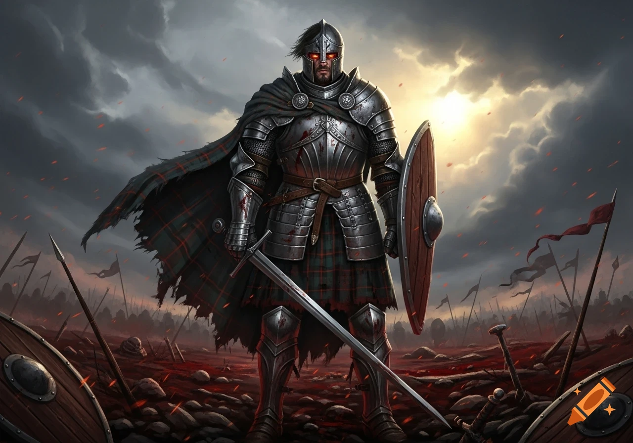 A Scottish knight in bloodied armor with a sword and shield stands on a grim, bloody battlefield under a stormy sky.