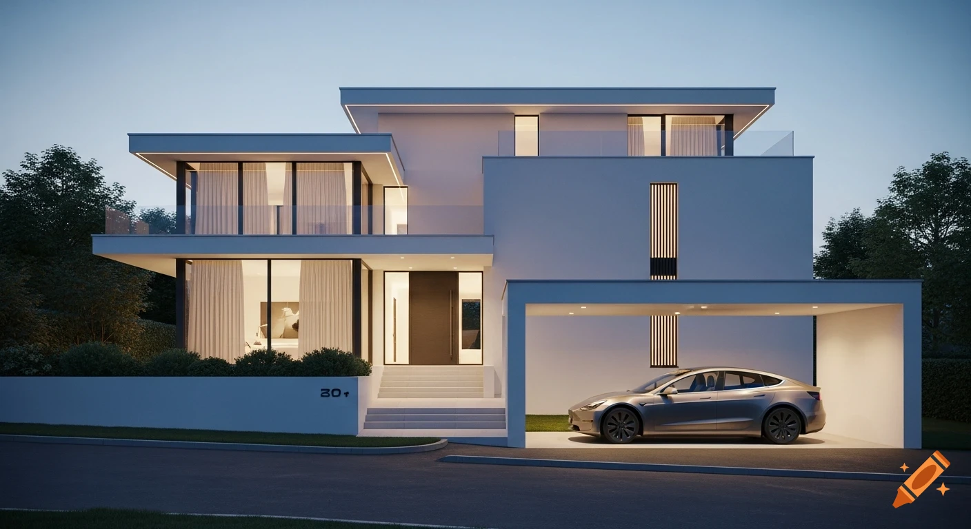 A modern, minimalist luxury villa at dusk with warm lighting and a sleek electric car in the carport.