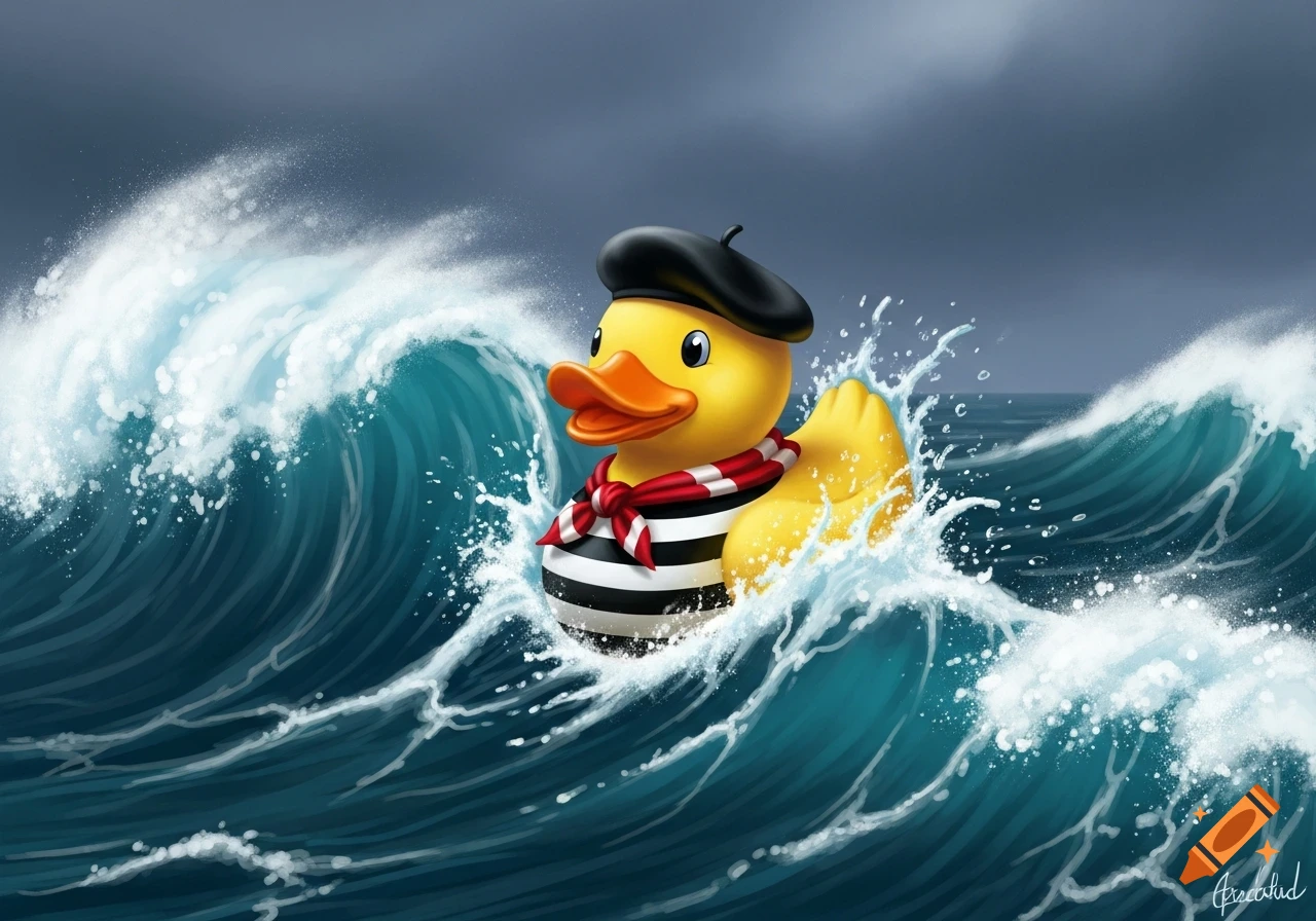 A smiling rubber duck wearing a black beret and striped shirt rides a large wave in a stormy ocean, in a stylized illustration.