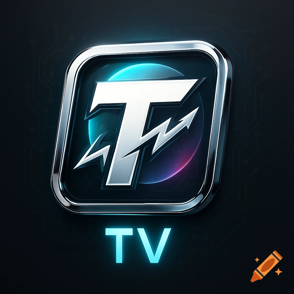 A shiny chrome and blue logo featuring a stylized letter 'T' with a lightning bolt, above the glowing blue letters 'TV', on a dark circuit board background.