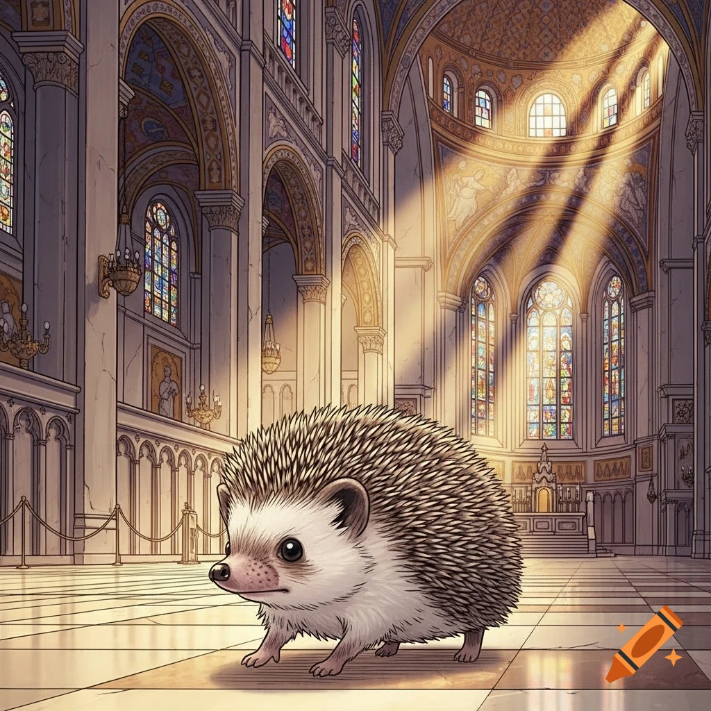 A cute hedgehog walks on a tiled floor inside a grand manga-style basilica with arched ceilings, stained glass windows, and sunbeams.