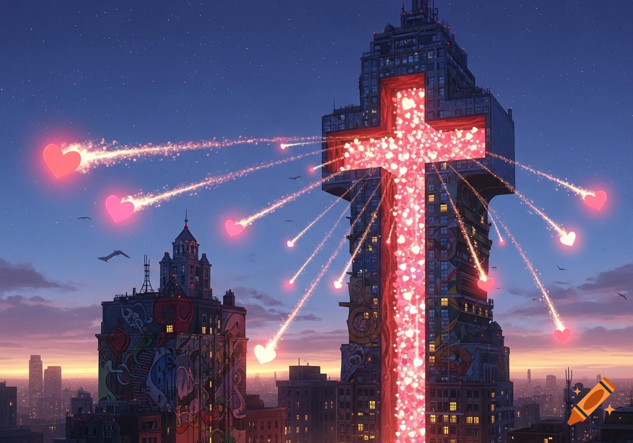 A cityscape at dusk with a building shaped like a glowing red cross emitting sparkling pink hearts into the sky.