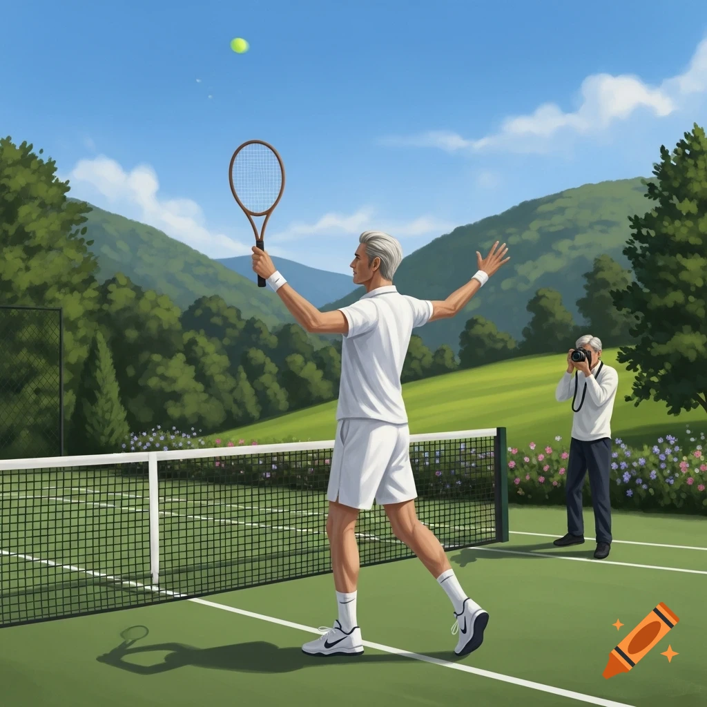 A man in white serves a tennis ball on an outdoor court, another man photographs him. Green hills under a blue sky.