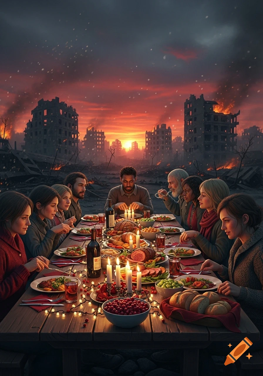 A diverse group of people shares a bountiful Christmas dinner at a long table amidst the burning, ruined buildings of a post-apocalyptic city under a fiery red sky, with snow falling.