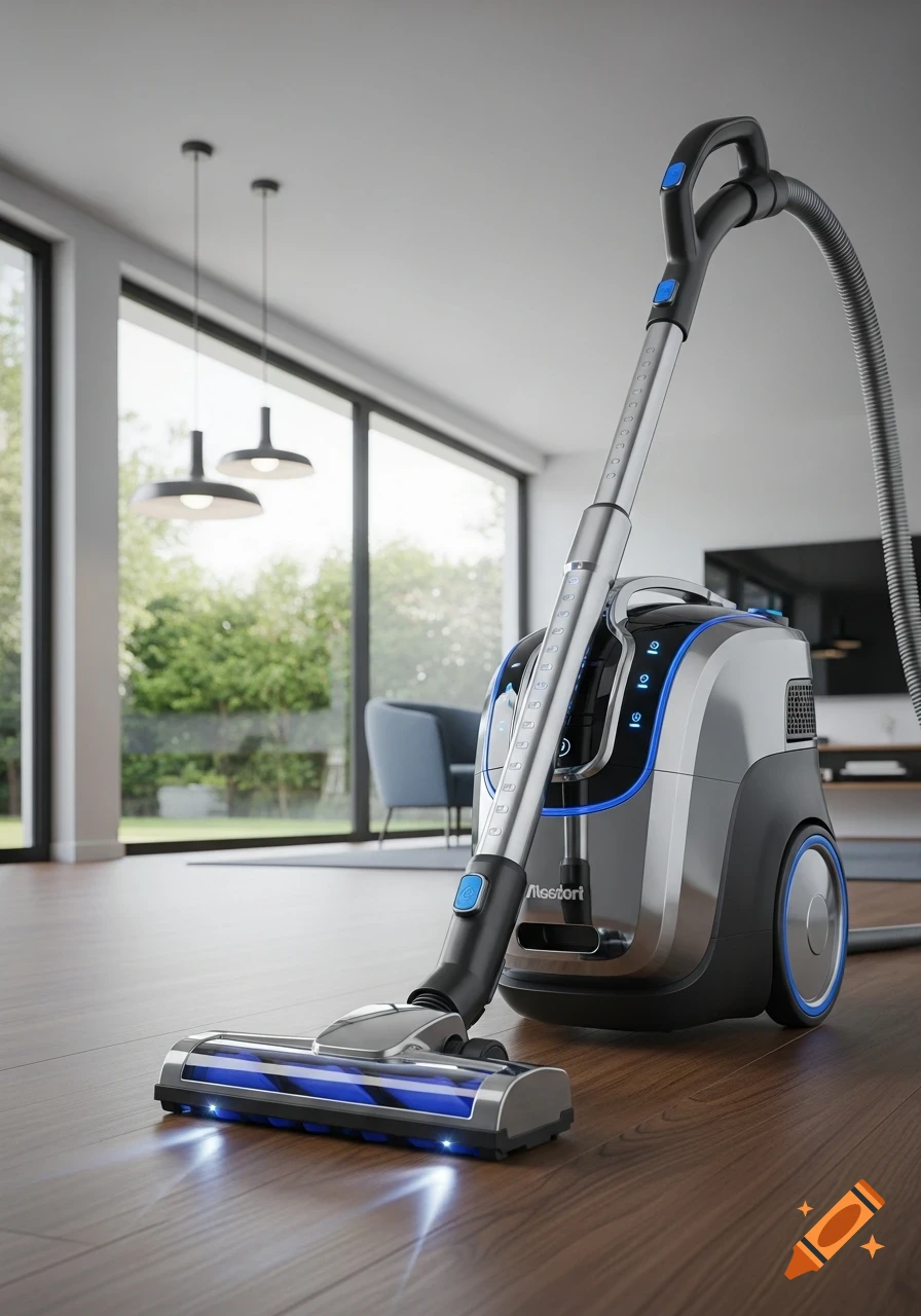 Photorealistic image of a sleek, modern vacuum cleaner with blue accents on a wooden floor in a bright, modern living room.