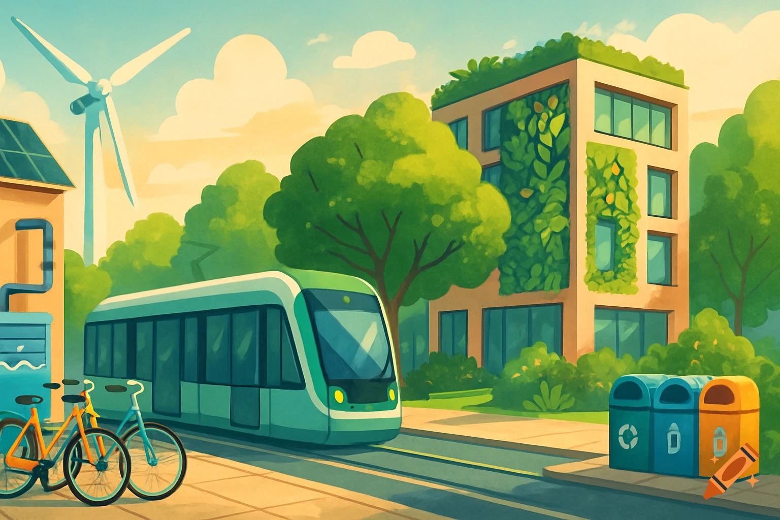 Vibrant illustration of a sustainable city street with a green tram, bikes, wind turbine, and a building with a vertical garden.