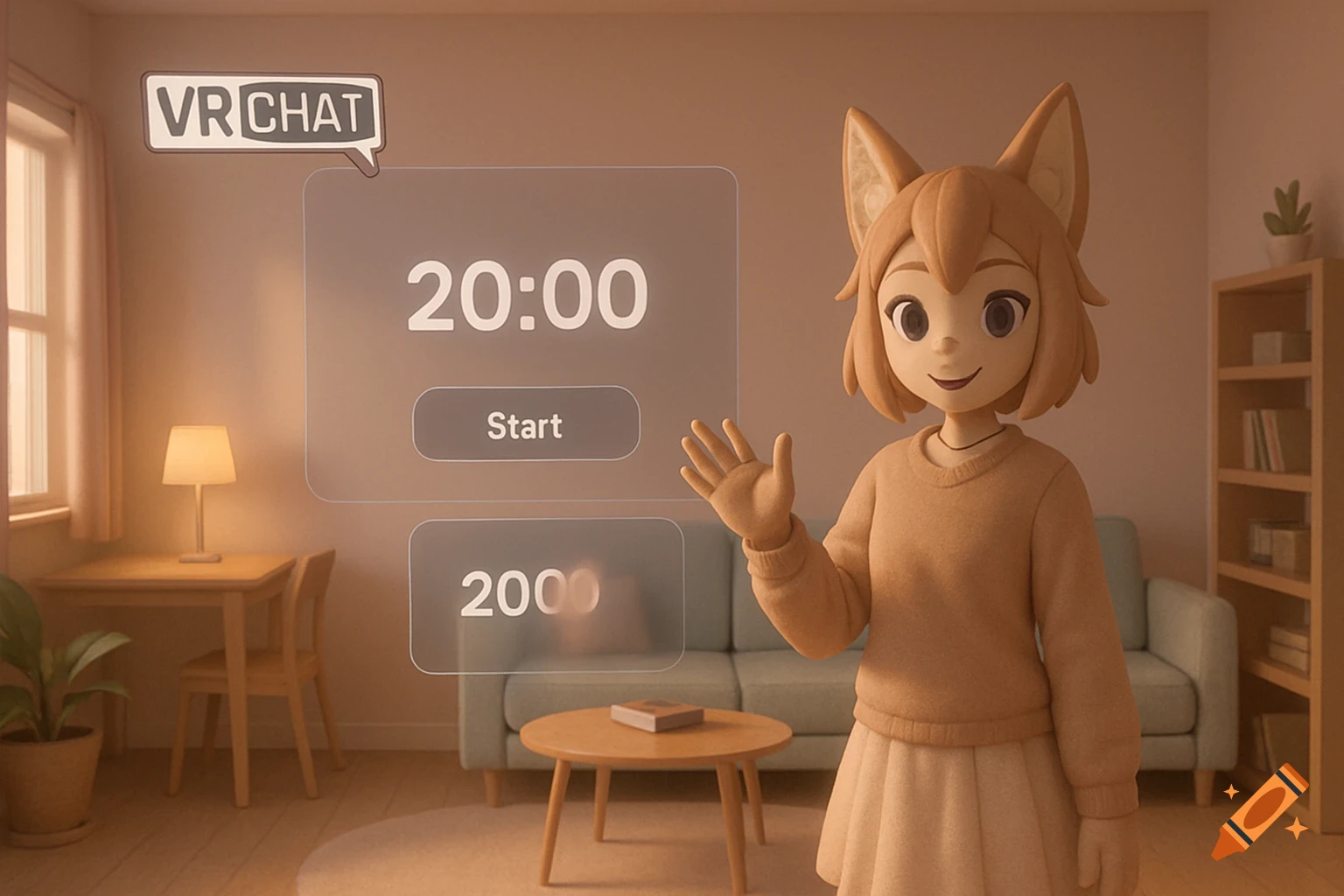 An anime-style avatar with cat ears in a cozy VRChat room, waving near a floating digital interface showing "20:00 Start" and "2000".
