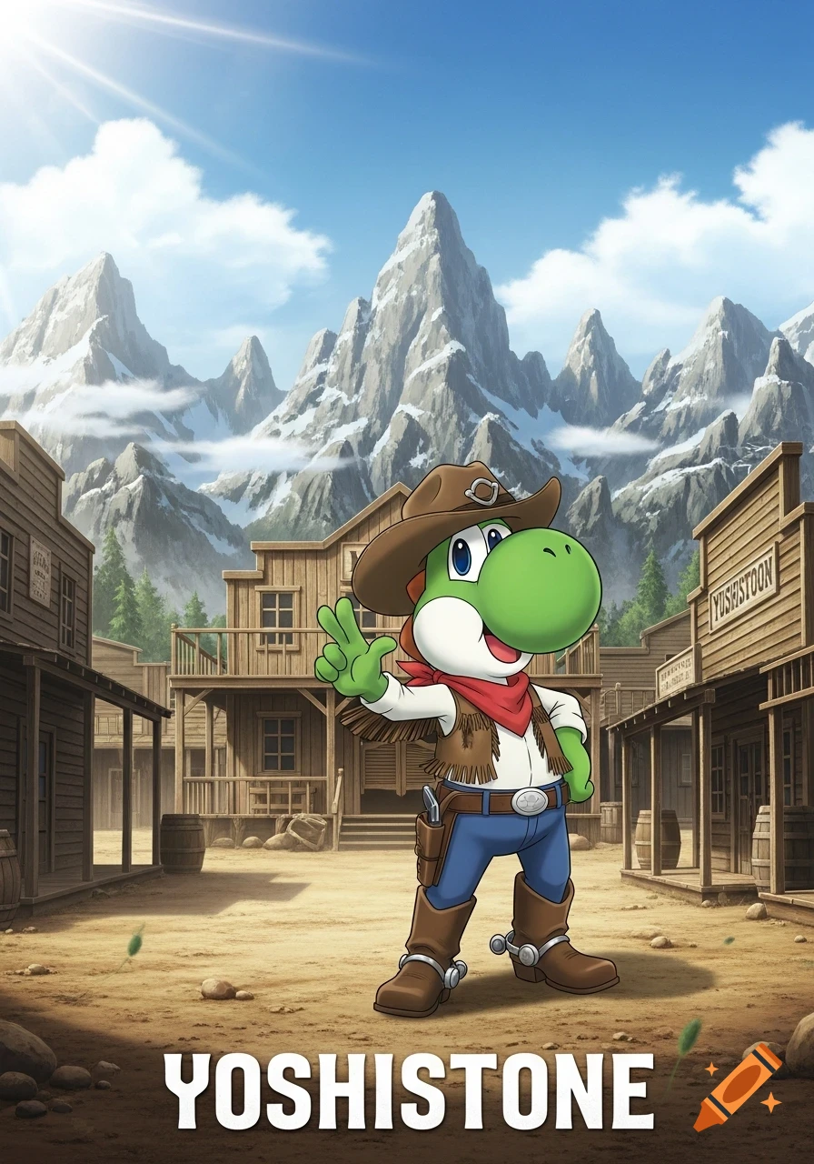 A cartoon Yoshi dressed as a cowboy stands in an old wild west town with snow-capped mountains in the background, making a peace sign. The title "YOSHISTONE" is at the bottom.
