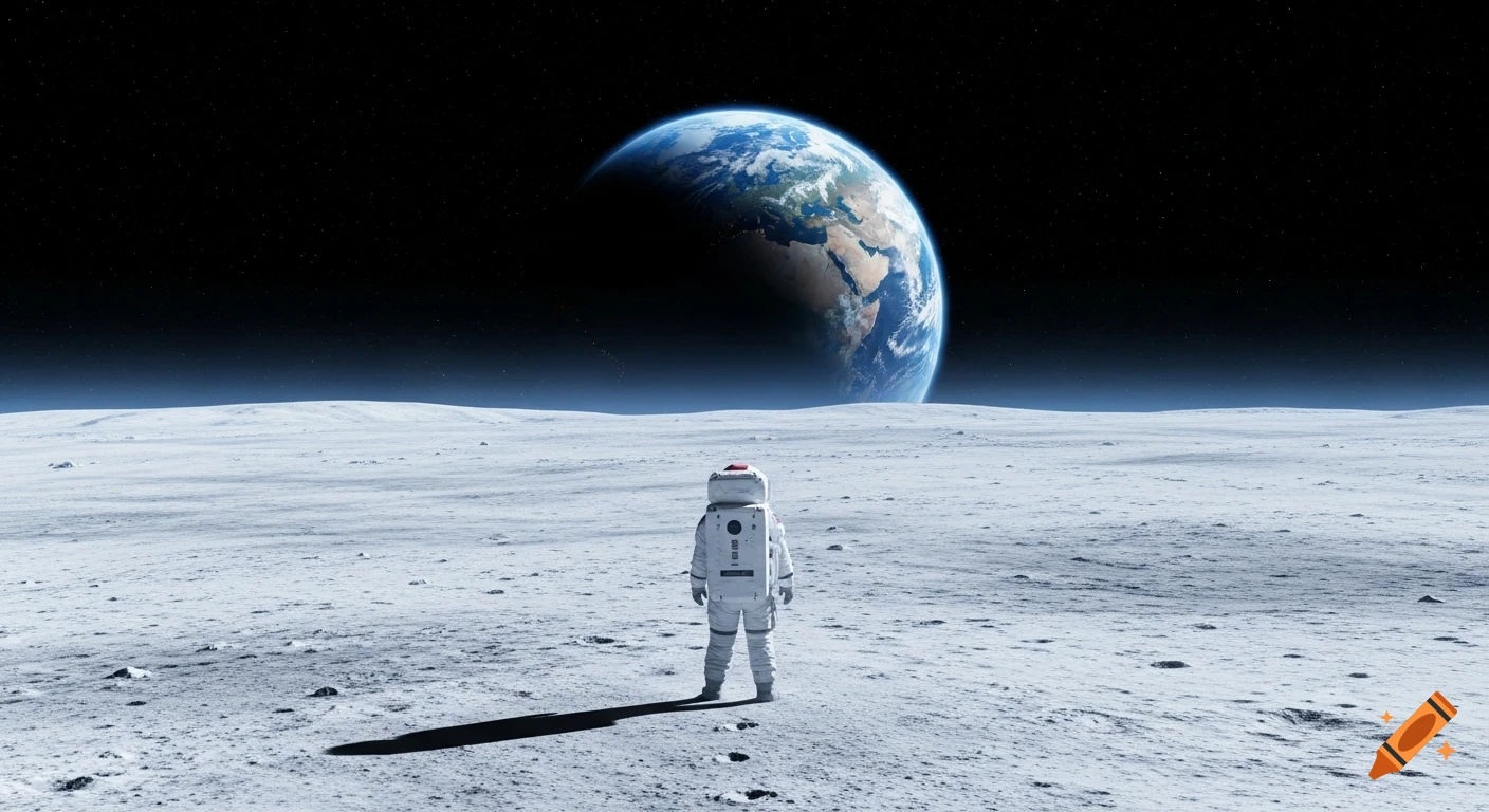 An astronaut stands on the desolate moon surface, gazing at a large, vibrant Earth in the dark, star-filled sky.