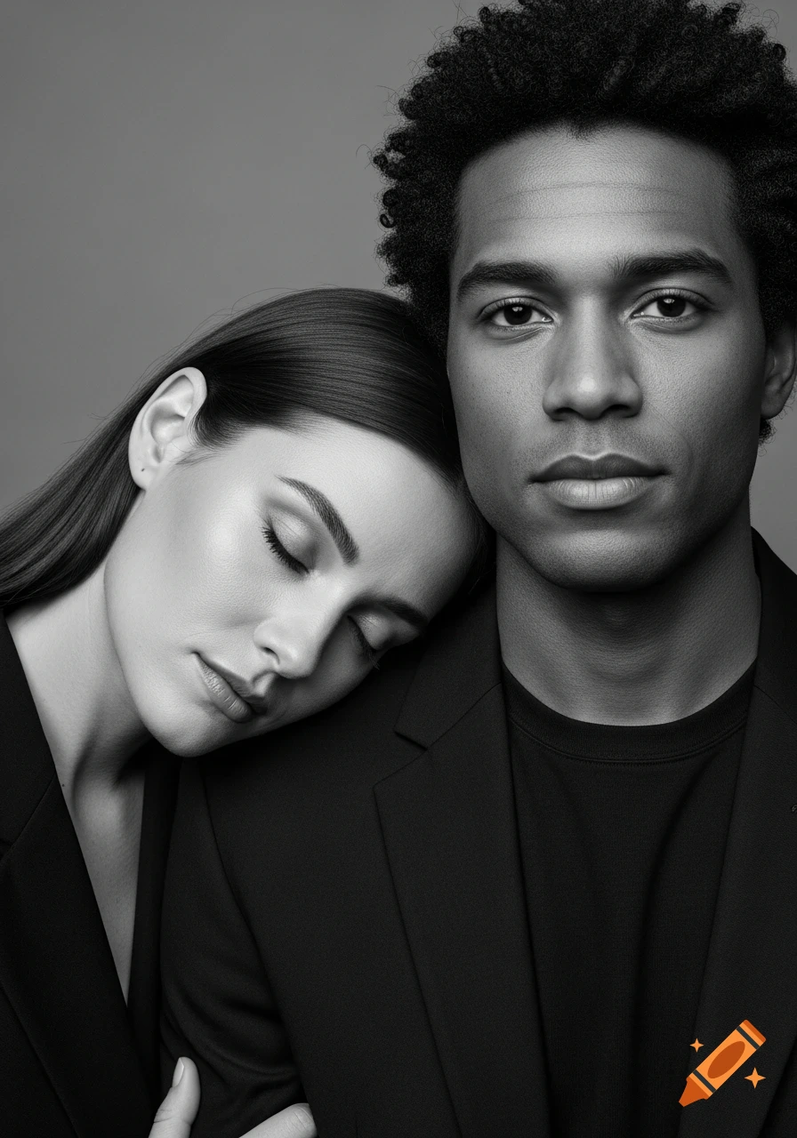 Black-and-white photorealistic portrait of a woman with closed eyes leaning on a man's shoulder.