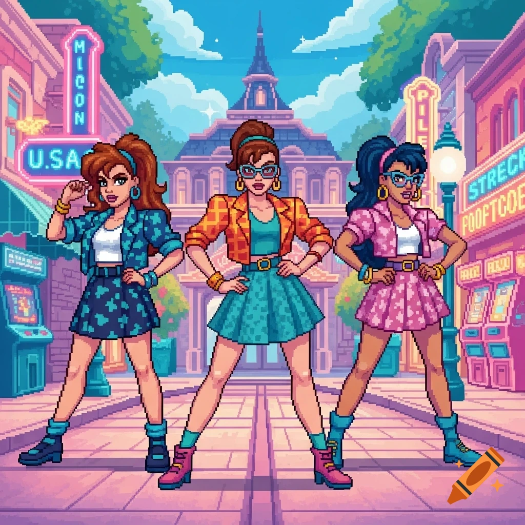 Three retro-styled women pose on a pixel art city street with colorful buildings and neon signs.