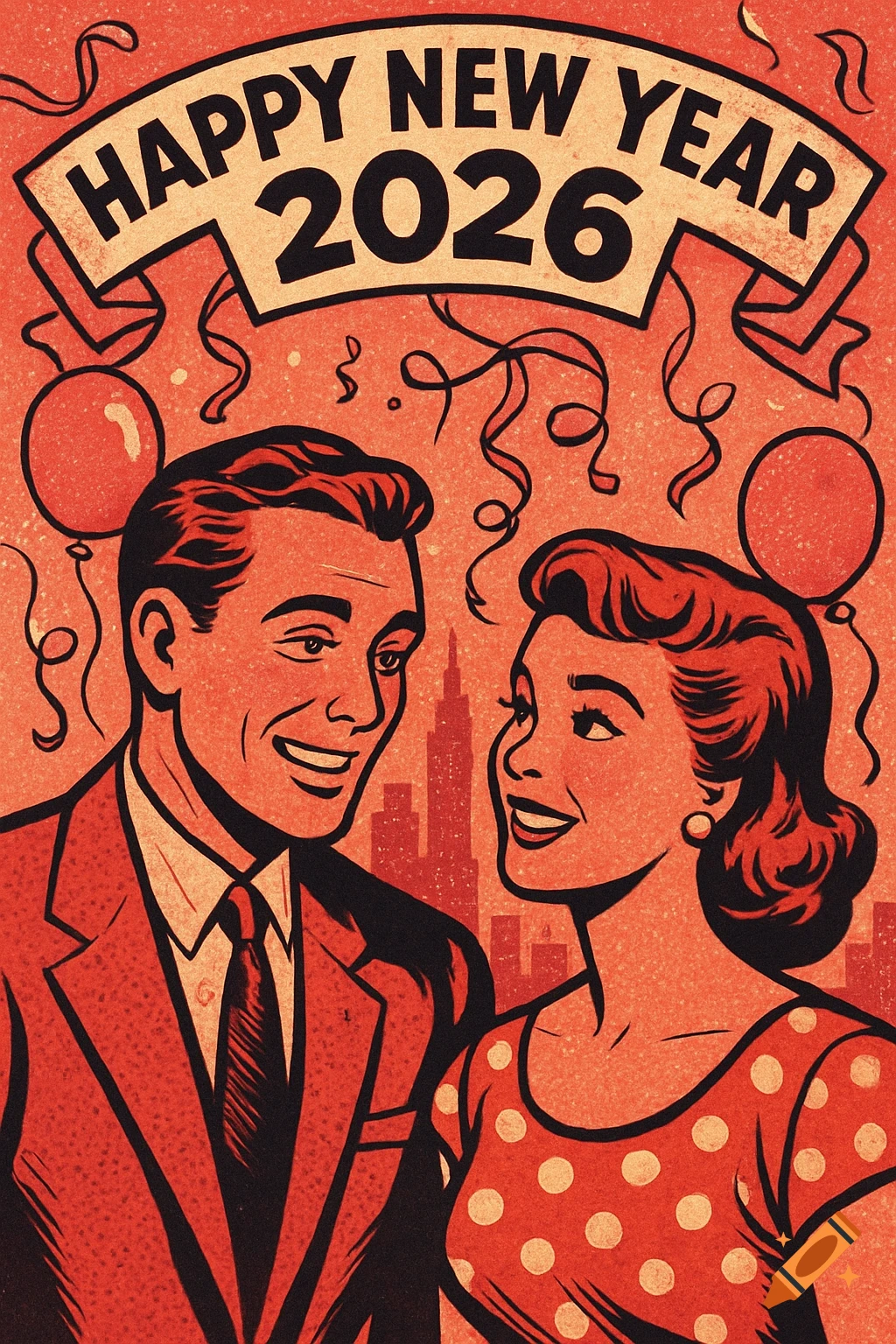 A smiling couple in 50s comic style wishes 'Happy New Year 2026' amidst balloons and confetti.