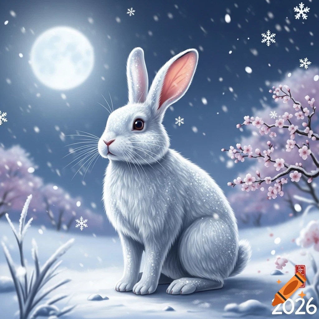 A white rabbit sits in a moonlit, snowy winter wonderland with pink ...