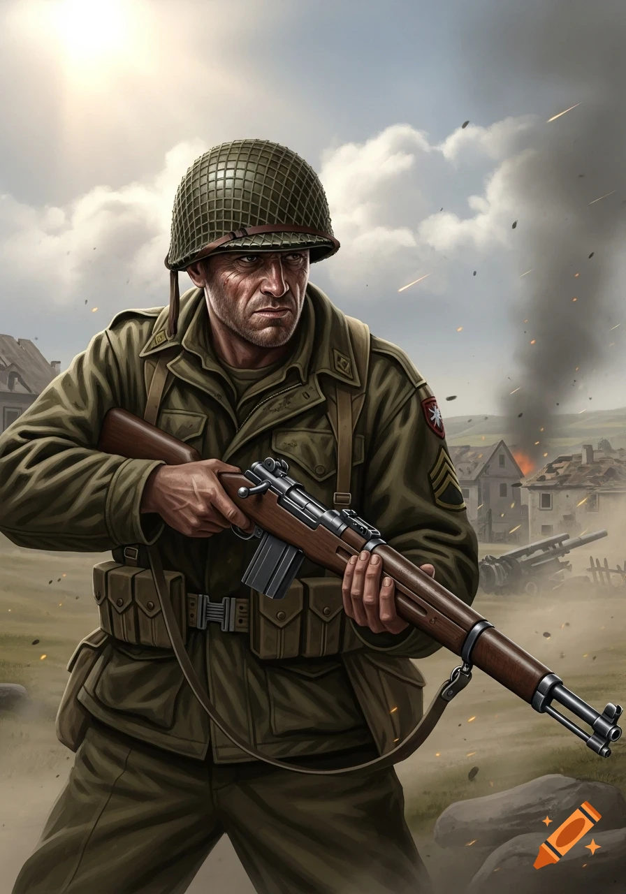 An illustrated soldier with a helmet and rifle stands in a World War II battlefield with a burning village in the background.