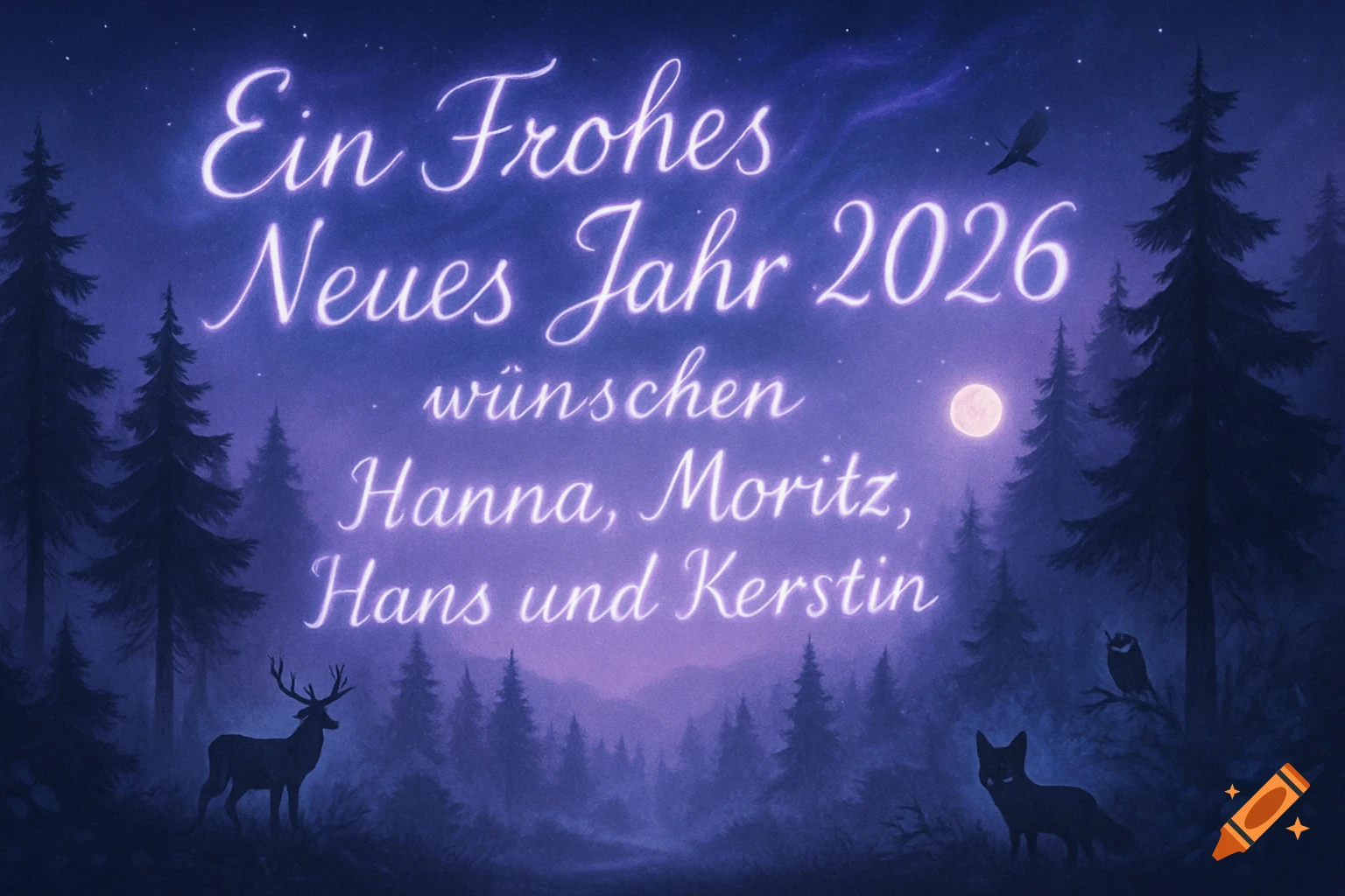 Glowing 'Ein Frohes Neues Jahr 2026' text above a mystical purple and blue forest at night, with deer, fox, owl, and raven under a full moon.