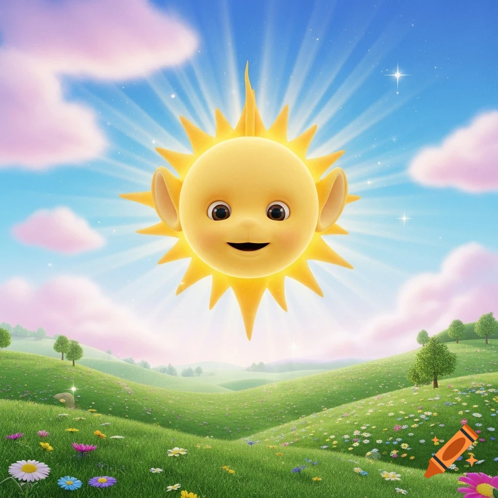 The smiling Teletubbies sun baby in a bright blue sky with pink clouds over green, wildflower-filled hills.