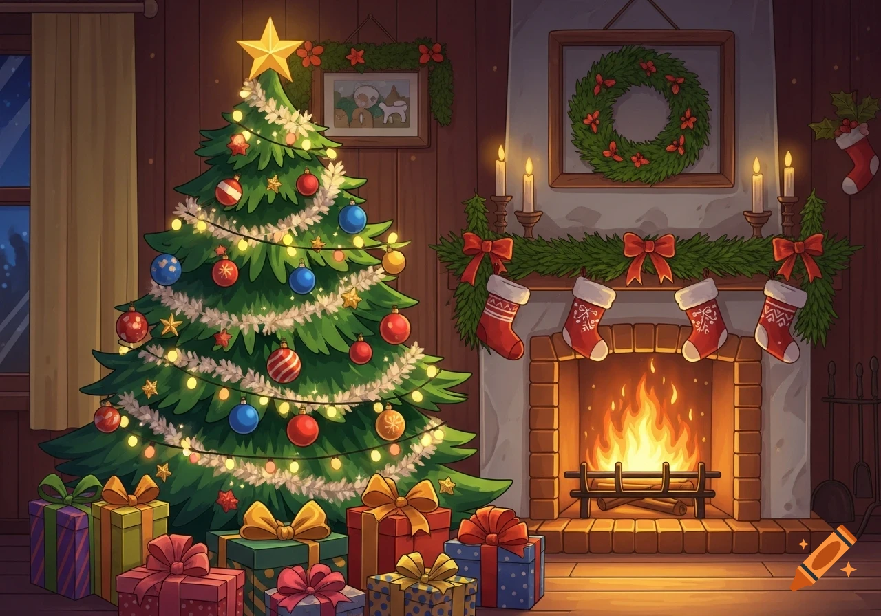 A cozy cartoon Christmas scene featuring a decorated Christmas tree with lights, a warm fireplace with stockings, and many colorful wrapped presents.