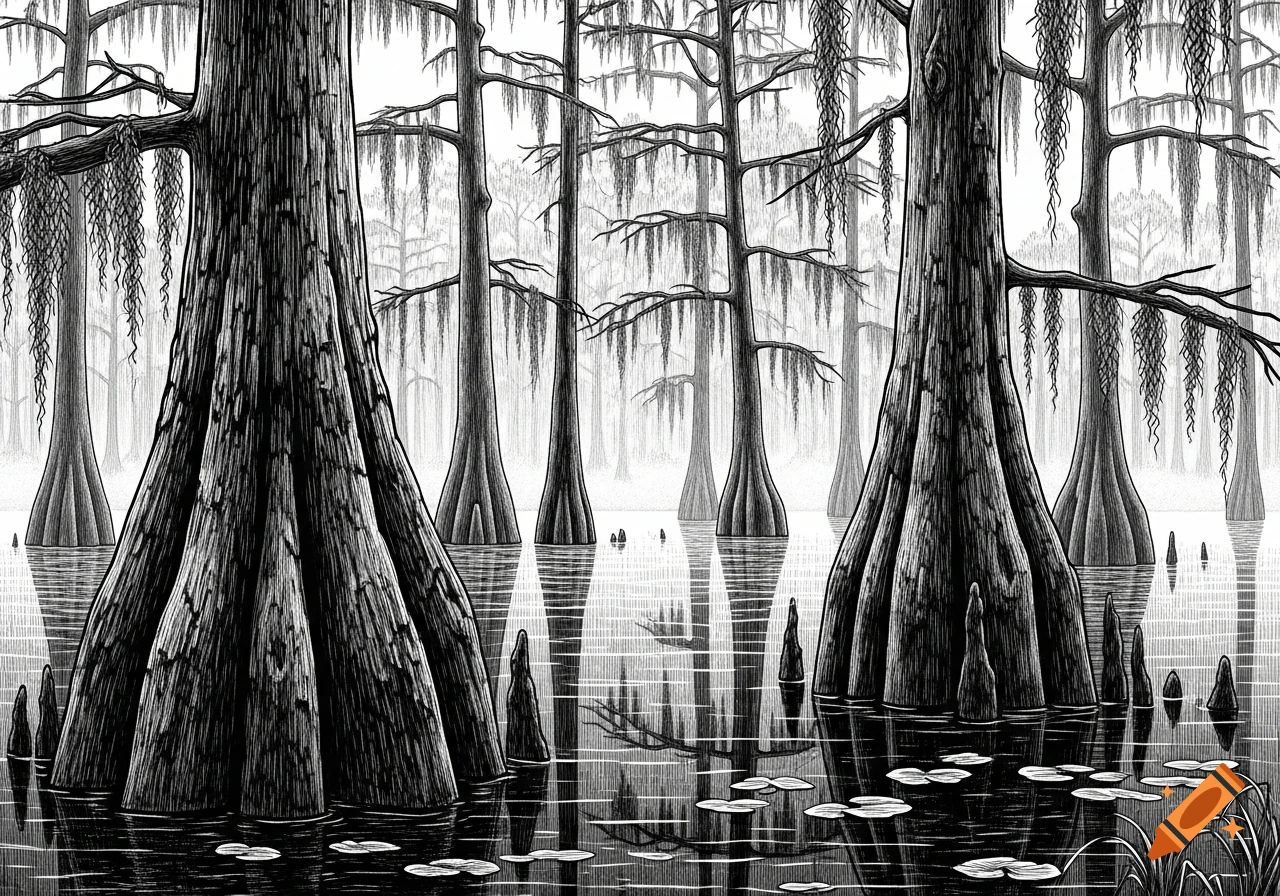 Black and white line drawing of a cypress tree swamp with trees rooted in water and Spanish moss.