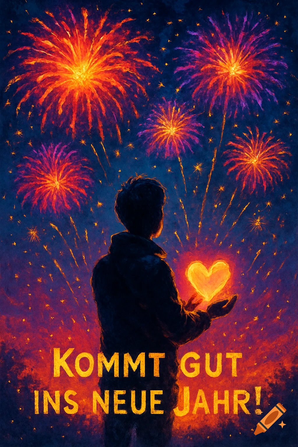 Silhouette of a person holding a glowing heart, watching vibrant fireworks explode in the night sky. Text 'KOMMT GUT INS NEUE JAHR!'