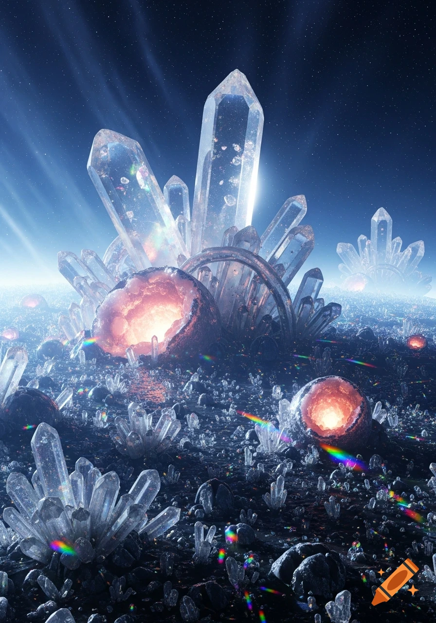 A vibrant, alien planet covered in towering and scattered clear crystals and glowing orange geodes, under a starry blue sky with light rays.