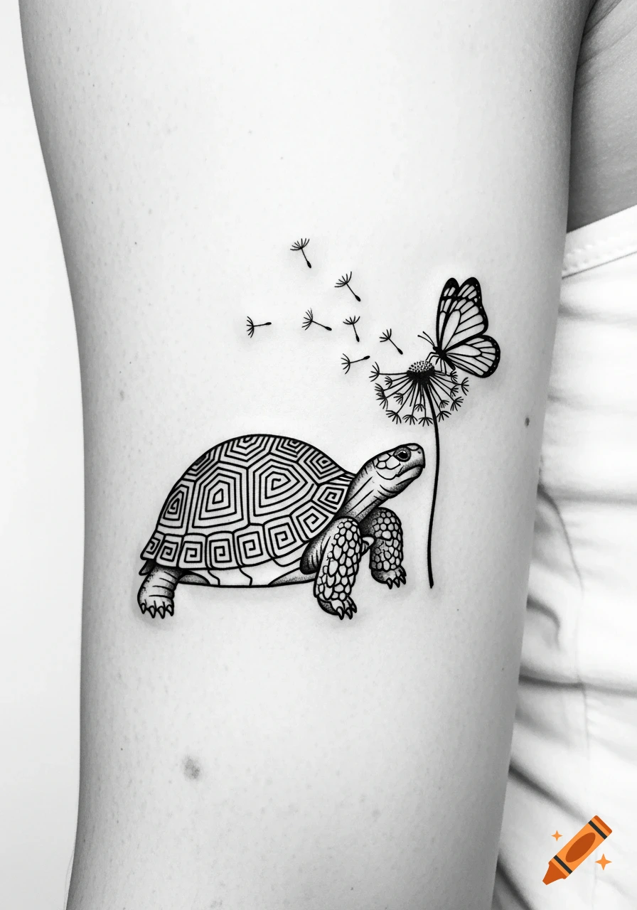 A minimalist black and white tattoo of a Greek tortoise with a patterned shell, a dandelion, and a butterfly on skin.