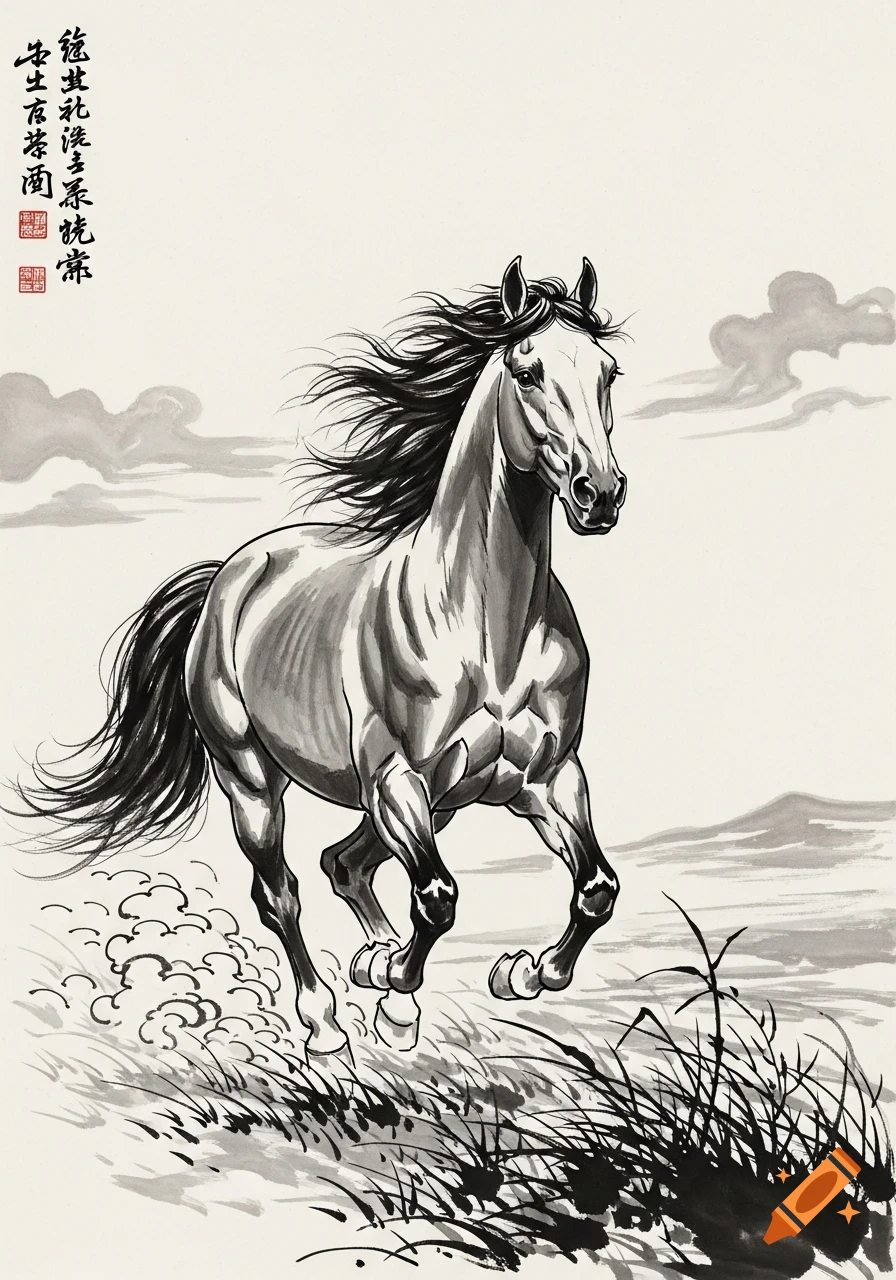 A black and white ink wash painting depicts a muscular horse galloping across grassy terrain with clouds in the background.