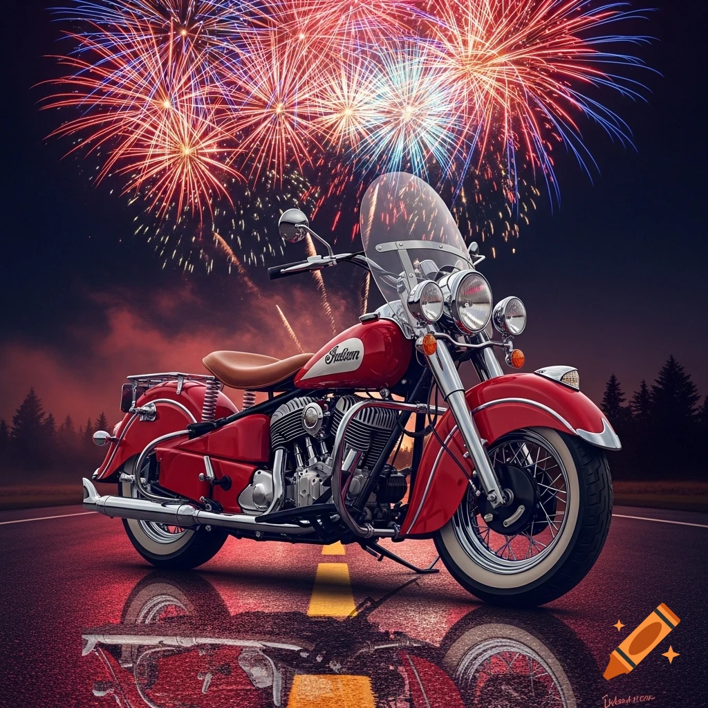 Red Indian motorcycle on a wet road with colorful fireworks exploding in the night sky.