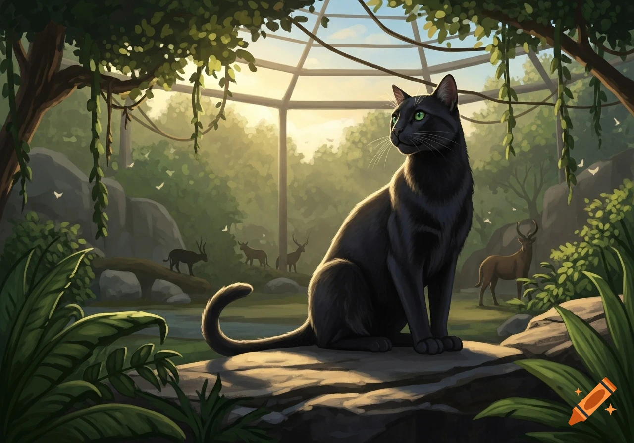 A black cat with green eyes sits on a rock in a lush, green zoo enclosure with other animals and a glass ceiling.