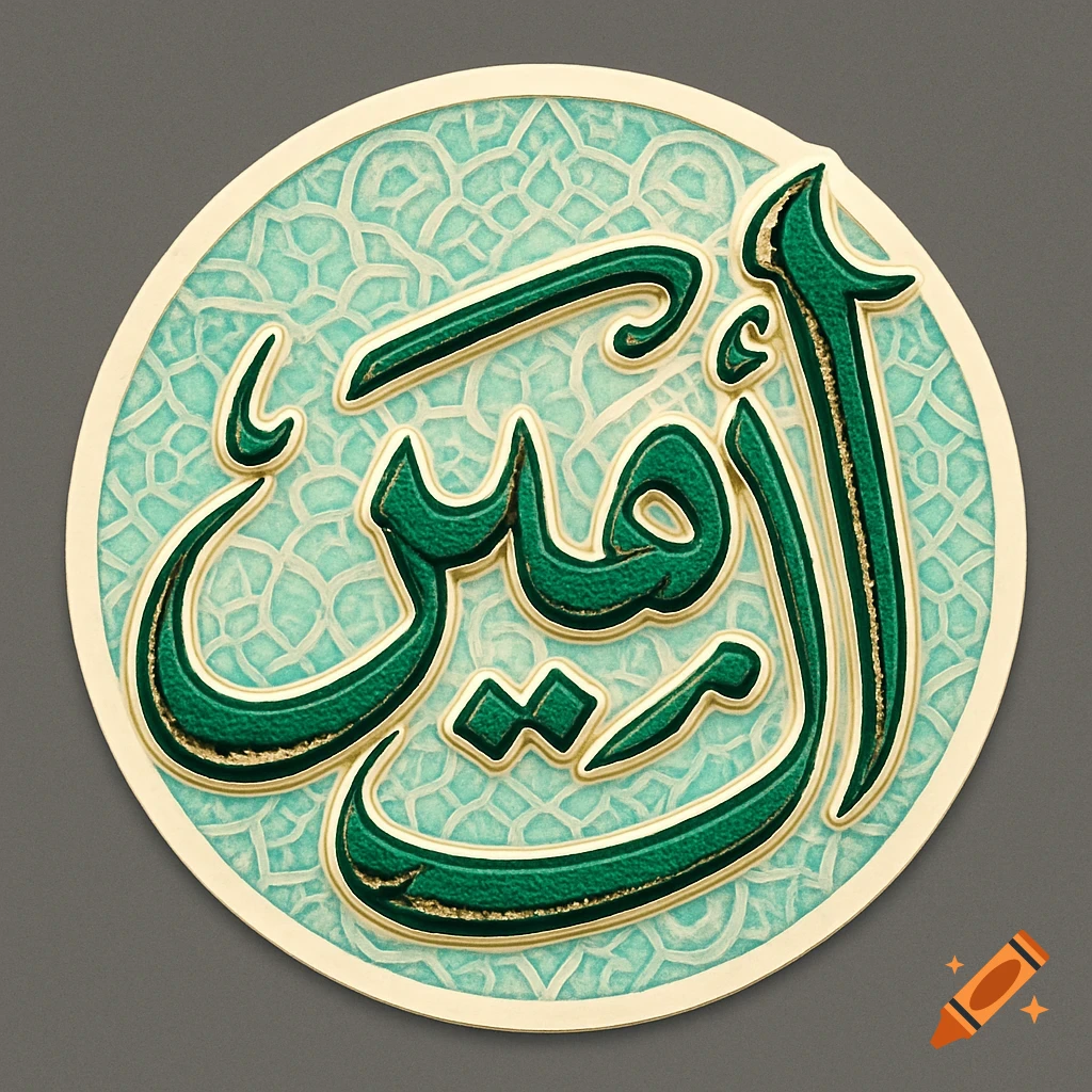 A circular gold and turquoise-green sticker features the Arabic calligraphy for "Amin" in raised green letters with gold outlines against a textured patterned background.