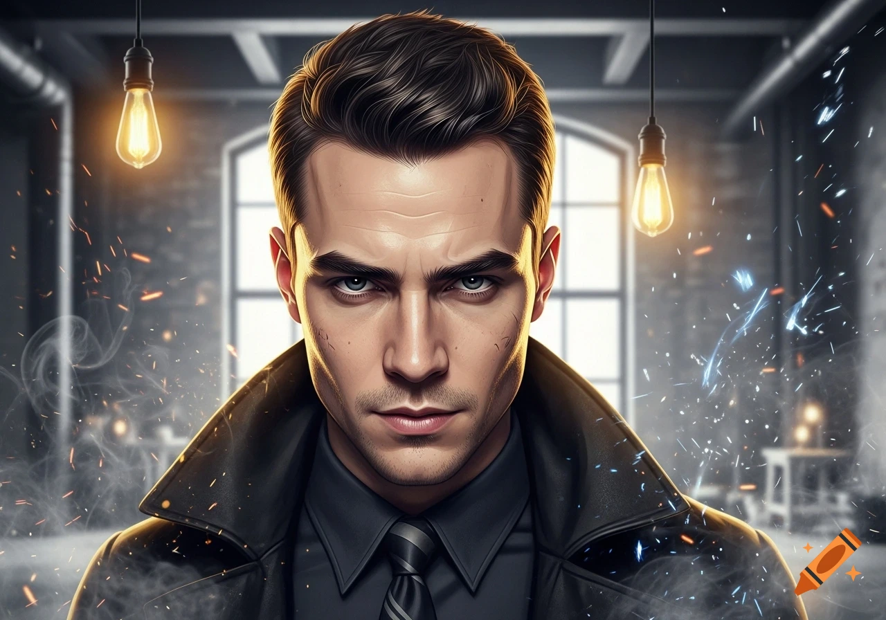 Intense portrait of a man with dark hair and blue eyes, wearing a black shirt, tie, and leather jacket, in a smoky, industrial setting with glowing sparks.