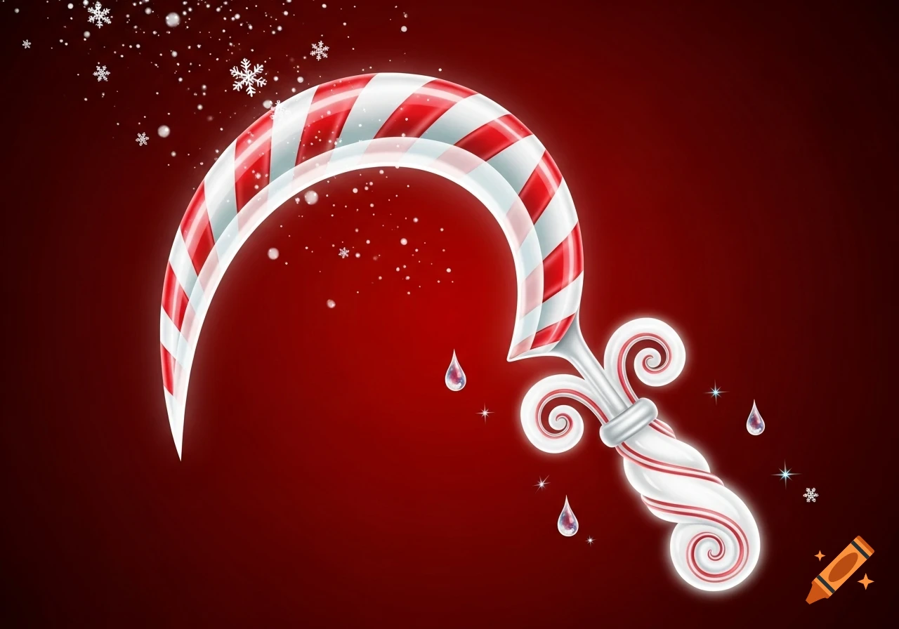A stylized candy cane sickle, striped red and white, with an ornate handle and falling snowflakes on a red background.