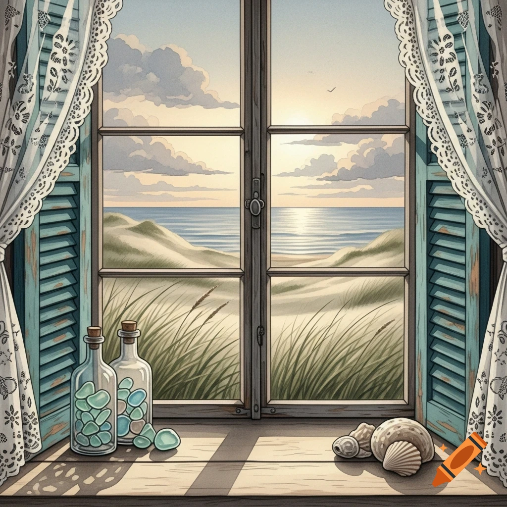 Watercolor illustration: a window with lace curtains and blue shutters, overlooking sand dunes and the ocean, with sea glass and shells.