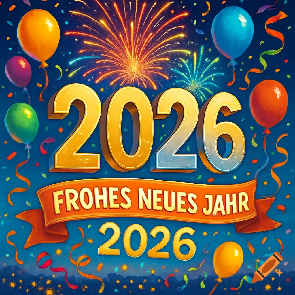 Vibrant New Year's greeting card with '2026' and 'Frohes Neues Jahr 2026' amid colorful fireworks, balloons, and confetti.