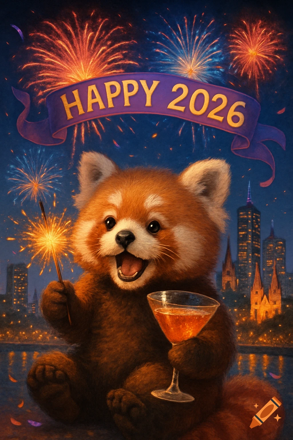 A cute red panda holds a sparkler and cocktail glass, laughing under fireworks and a 'Happy 2026' banner over a city skyline.