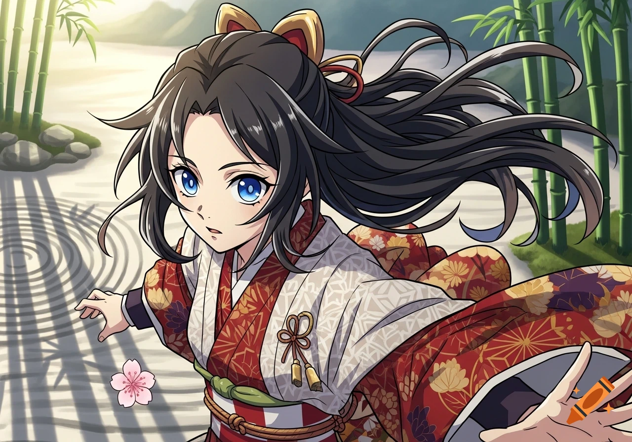 An anime girl with dark hair and blue eyes, wearing a red and white kimono, stands in a Japanese zen garden with bamboo.