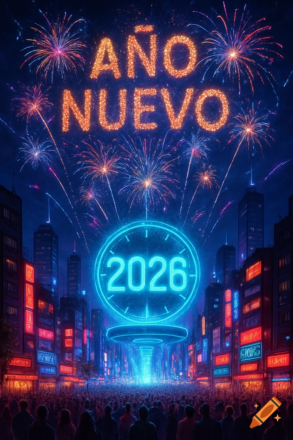 Fireworks light up the night sky over a city street filled with a crowd, displaying 'AÑO NUEVO' and '2026' in neon.