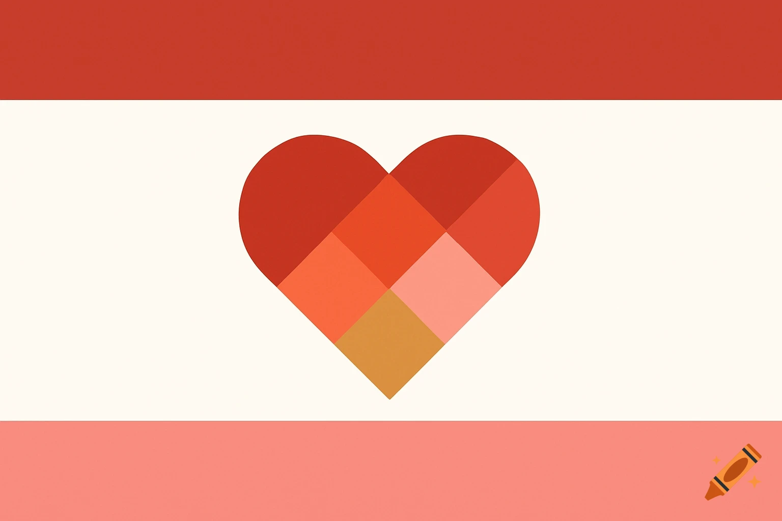 A flag with a red-orange top stripe, off-white middle, and coral bottom, featuring a geometric heart made of red, orange, and gold squares.