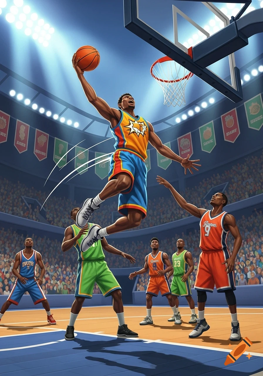 A stylized comic-book illustration of a basketball player performing a slam dunk in a brightly lit arena during a game.