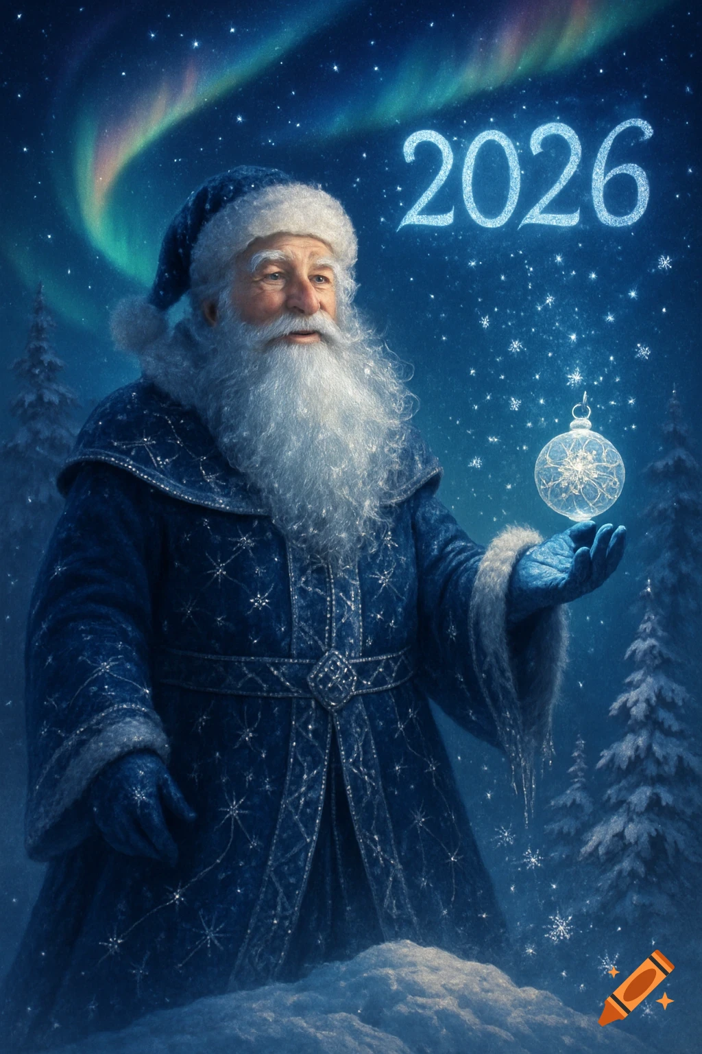 A unique Santa Claus in a blue coat and hat holds a glowing ornament under a starry, aurora-lit sky with "2026" text.