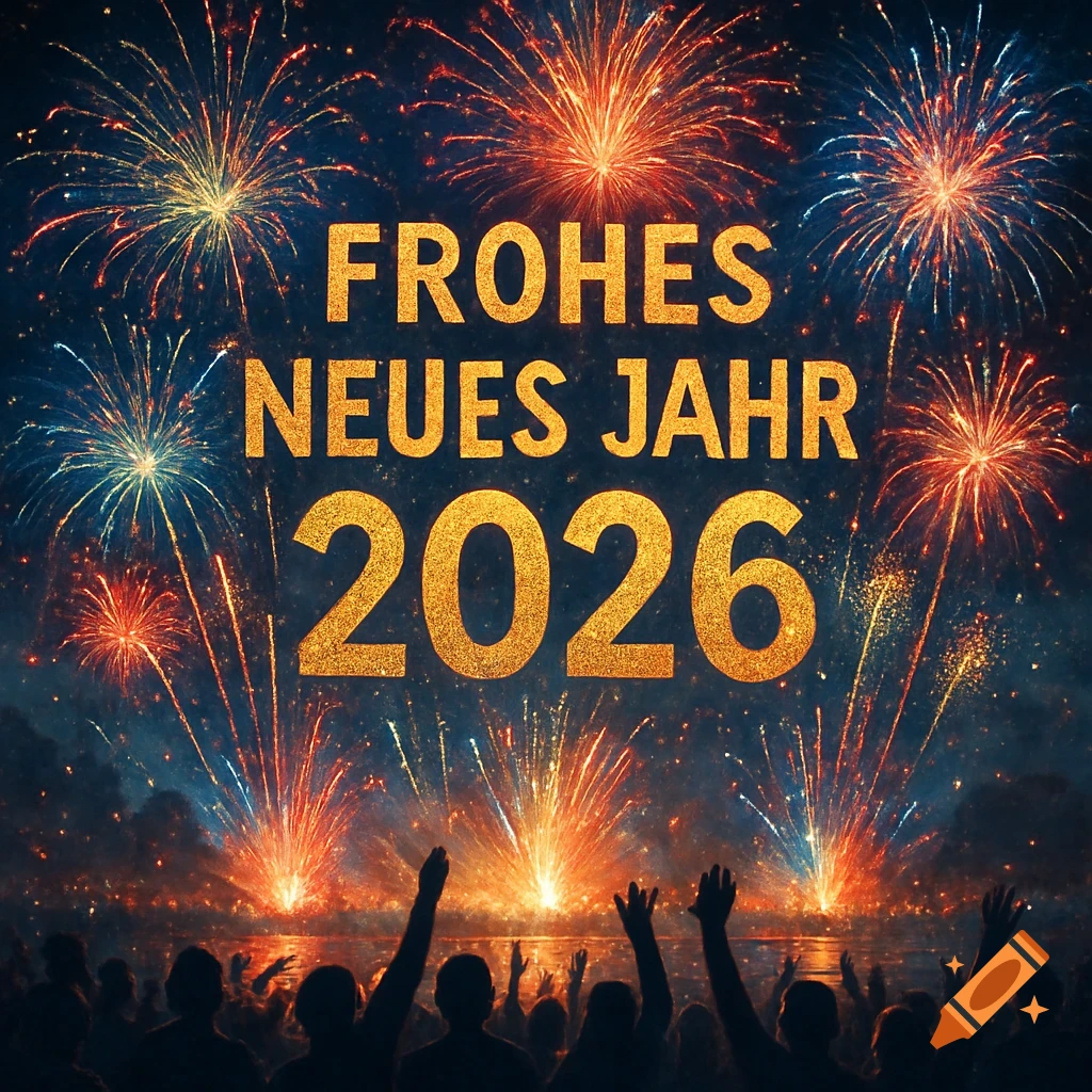 Golden text "FROHES NEUES JAHR 2026" against a night sky filled with a colorful fireworks display over a silhouetted crowd.