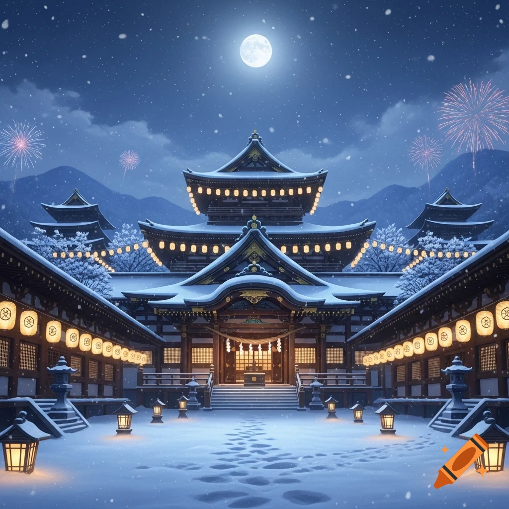 A traditional Japanese temple complex covered in snow at night, illuminated by lanterns under a full moon with fireworks in the sky.