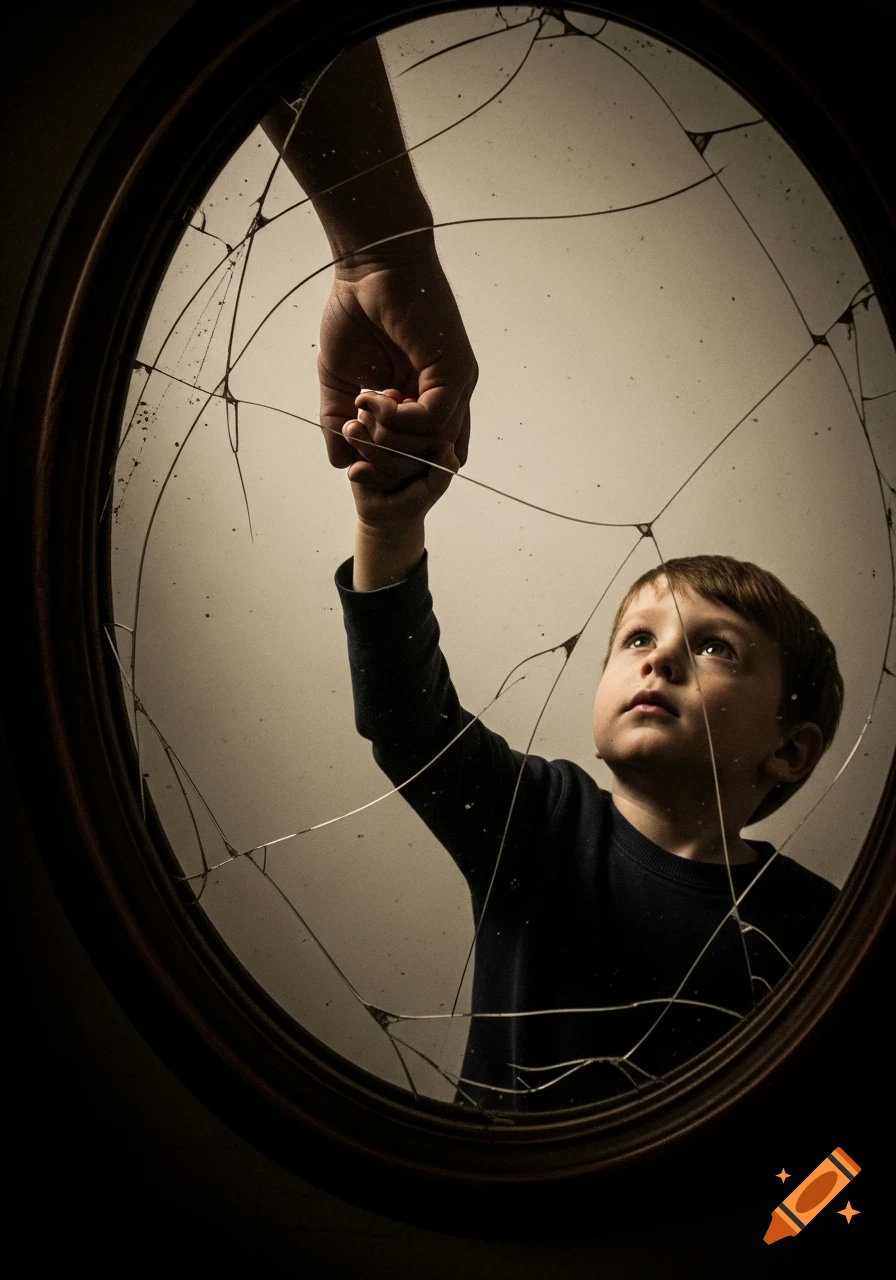 Vintage photograph of a boy reaching for an adult hand through a cracked, oval mirror, sepia tones.