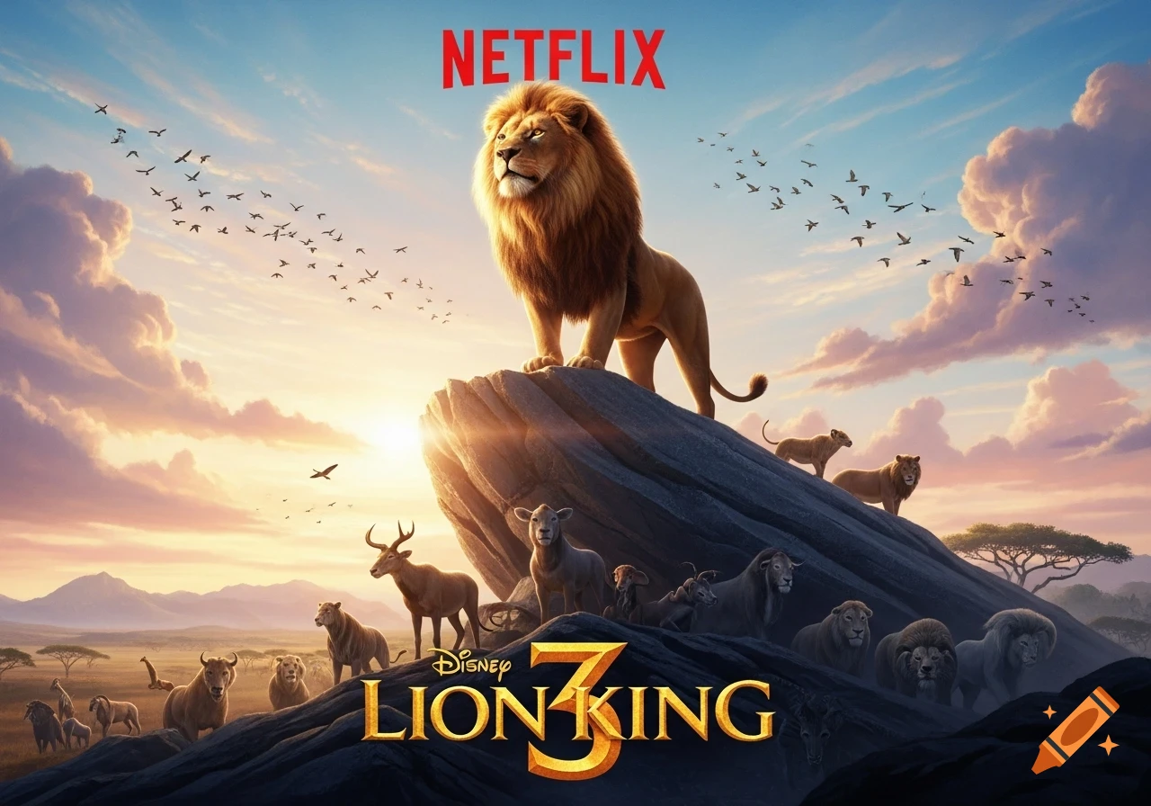 A majestic lion stands on a rock formation at sunset, surrounded by other safari animals, with 'NETFLIX' and 'Disney LION 3 KING' text.