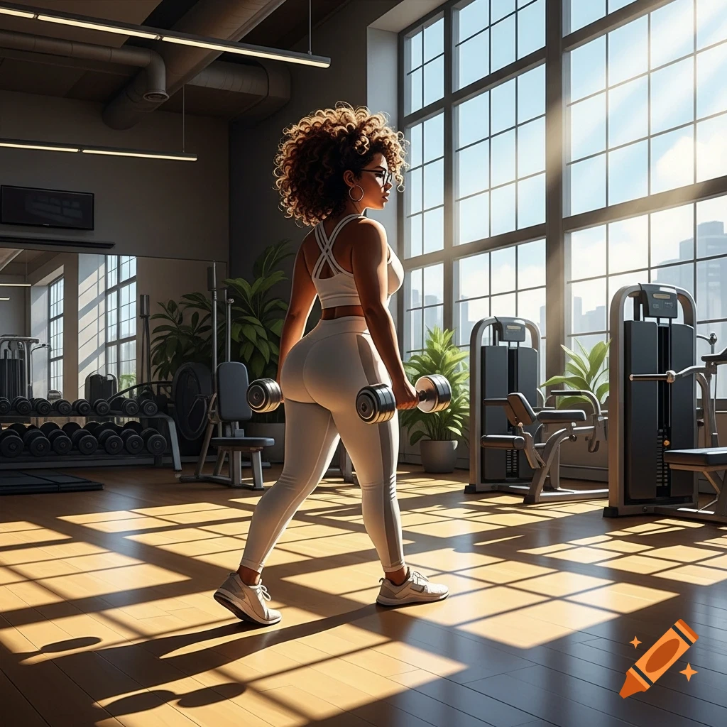 Curvy woman with curly hair and glasses exercising with dumbbells in a sunlit gym.