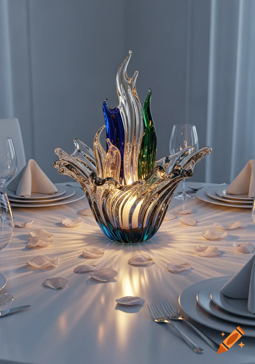 A photorealistic glass sculpture centerpiece with blue and green accents on a table set with dinnerware and rose petals.